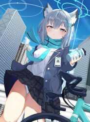 Rule 34 | 1girl, absurdres, animal ear fluff, animal ears, aqua necktie, arm behind back, bicycle, black jacket, blue archive, blue eyes, blue halo, blue scarf, blue sky, blush, bottle, breast pocket, breasts, building, buttons, city, cloud, commentary, cowboy shot, cross hair ornament, grey hair, guard rail, hair between eyes, hair ornament, halo, highres, holding, holding bottle, id card, jacket, looking at viewer, medium breasts, medium hair, mibashi (hash1 bam1), mismatched pupils, necktie, outdoors, panties, pantyshot, plaid, plaid skirt, pocket, scarf, shiroko (blue archive), shirt, skirt, sky, solo, thighs, underwear, water bottle, white panties, white shirt, wolf ears