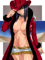 Rule 34 | 1girl, black hair, breasts, cleavage, coat, collar, cowboy hat, cowboy shot, cowboy western, female focus, fringe trim, hat, huge breasts, jacket, kagami hirotaka, miniskirt, navel, nico robin, no bra, one piece, open clothes, open jacket, open shirt, revealing clothes, shirt, skirt, solo, trench coat