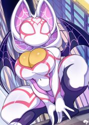 Rule 34 | 1girl, artist logo, bat wings, breasts, cleavage, cosplay, cosplay photo, covered navel, furry, furry female, heart, highres, krokobyaka, large breasts, marvel, photo (medium), rouge the bat, solo, sonic (series), spider-gwen, spider-gwen (cosplay), spider-man (series), squatting, wings