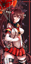 Rule 34 | 10s, 1girl, absurdres, breasts, brown eyes, brown hair, detached sleeves, female focus, highres, kantai collection, large breasts, parasol, rigging, single thighhigh, smile, solo, thighhighs, umbrella, yamato (kancolle), yurix, zulu (naval flag)