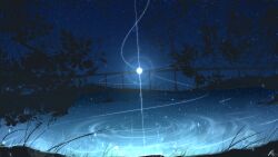Rule 34 | blue theme, bridge, chinese commentary, cloud, commentary request, grass, highres, leaf, lens flare, night, night sky, no humans, original, outdoors, plant, rune xiao, scenery, signature, sky, star (sky), starry sky, still life, water