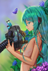 Rule 34 | 1girl, aqua eyes, aqua hair, breasts, bug, butterfly, flower, hatsune miku, headphones, highres, insect, long hair, looking at viewer, mask, nude, sk tori, small breasts, solo, upper body, vocaloid