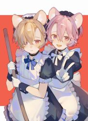 Rule 34 | 2boys, animal ears, apron, black choker, blue bow, blue bowtie, bow, bowtie, broom, child, choker, cowboy shot, crossdressing, frills, from above, gloves, hair between eyes, highres, holding, holding broom, maid, maid apron, maid headdress, male focus, male maid, multiple boys, open mouth, orange background, original, parted bangs, parted lips, pink eyes, pink hair, ribbon, short hair, simple background, smile, v, white bow, white bowtie, white gloves, wrist cuffs, yuumii 0120