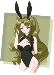 Rule 34 | 1girl, animal ears, brown eyes, cleavage cutout, clothing cutout, covered navel, green hair, highres, indie virtual youtuber, kuroba plant, leotard, long hair, looking at viewer, mikazuki silvi (artist), playboy bunny, rabbit ears, rabbit tail, simple background, solo, tail, virtual youtuber