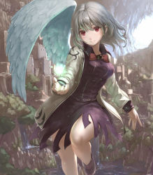 Rule 34 | 1girl, bad id, bad pixiv id, bow, bowtie, breasts, castle, cave, cliff, contrapposto, dress, eno (whiskeyne), jacket, kishin sagume, long sleeves, looking at viewer, medium breasts, open clothes, open jacket, outdoors, outstretched hand, purple dress, red bow, red bowtie, short hair, silver hair, single wing, smile, solo, standing, standing on one leg, touhou, tree, water, waterfall, white jacket, wings