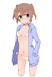Rule 34 | 1girl, bad id, bad pixiv id, bikini, blue eyes, blue jacket, blush, breasts, brown hair, closed mouth, cowboy shot, cropped legs, hands in pockets, highres, hood, hood down, hooded jacket, ikeuchi tanuma, jacket, long sleeves, looking at viewer, navel, open clothes, open jacket, original, side-tie bikini bottom, sidelocks, simple background, small breasts, solo, standing, swimsuit, two side up, white background, white bikini