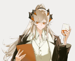 Rule 34 | 1girl, arknights, black jacket, cup, dragon girl, dragon horns, dress shirt, earrings, hands up, highres, holding, holding cup, holding notebook, horns, jacket, jewelry, long hair, long sleeves, notebook, open clothes, open jacket, orange eyes, ponytail, saria (arknights), shirt, simple background, solo, suit jacket, upper body, very long hair, white background, white hair, white shirt, z shuidao