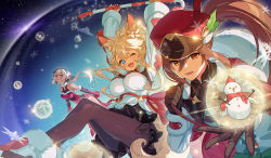 Rule 34 | 1boy, 2girls, animal ears, arms up, bare shoulders, blonde hair, blue eyes, breasts, brown eyes, brown hair, dark skin, elbow gloves, fox ears, gift, gloves, hat, highres, inaho (world flipper), large breasts, long hair, long sleeves, looking at viewer, majiang, marianne (world flipper), multiple girls, one eye closed, ponytail, red eyes, snowman, soushiro (world flipper), thighhighs, wide sleeves, world flipper