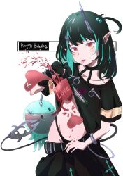 Rule 34 | 1girl, belt, black belt, black hair, black panties, black shirt, black skirt, blood, blue hair, blush, closed mouth, clothes lift, commentary, cowboy shot, cross print, demon girl, demon horns, demon tail, flat chest, hair bobbles, hair ornament, ham-bird, happy birthday, heart, highres, horns, intravenous drip, lifting own clothes, long hair, looking at viewer, medium bangs, medium hair, nanashi inc., navel, official alternate costume, one side up, panties, pointy ears, print skirt, red eyes, shirt, shirt lift, shishio chris, shishio chris (3rd costume), short sleeves, simple background, skirt, solo, symbol-only commentary, tail, tongue, tongue out, underwear, virtual youtuber, white background