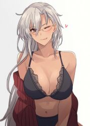 Rule 34 | 1girl, bespectacled, black bra, black panties, bra, breasts, cardigan, cleavage, collarbone, dark skin, glasses, grey hair, hair down, highres, jpeg artifacts, kantai collection, kasumi (skchkko), large breasts, long hair, looking at viewer, musashi (kancolle), navel, one eye closed, open cardigan, open clothes, panties, red eyes, simple background, smile, solo, tongue, tongue out, underwear, upper body, white background