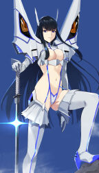 Rule 34 | 1girl, absurdres, black hair, blue eyes, boots, breasts, cleavage, cleavage cutout, clothing cutout, hair ornament, highres, junketsu, katana, kill la kill, kiryuuin satsuki, large breasts, long hair, looking at viewer, navel, prime, revealing clothes, sidelocks, solo, sword, thick eyebrows, thigh boots, underbust, weapon