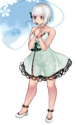 Rule 34 | 1girl, alternate costume, aoshima, bare arms, bare shoulders, blue eyes, blush, bob cut, butterfly hair ornament, collarbone, dress, frown, full body, green dress, hair ornament, halterneck, hands on own chest, highres, konpaku youmu, konpaku youmu (ghost), lace, lace-trimmed dress, lace trim, legs apart, lipstick, looking away, looking to the side, makeup, no socks, own hands together, see-through, shoes, short hair, silver hair, sleeveless, sleeveless dress, solo, standing, touhou, white footwear