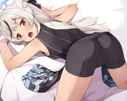 Rule 34 | 1girl, animal ear fluff, animal ears, ass, bare arms, bare shoulders, bed sheet, black dress, black hair, black shorts, blue archive, blush, brown eyes, crotch seam, dress, female focus, from behind, grey hair, halo, highres, kokona (blue archive), long hair, looking at viewer, looking back, multicolored hair, open mouth, pelvic curtain, seneto, short shorts, shorts, sleeveless, sleeveless dress, solo, streaked hair, striped clothes, striped dress, vertical-striped clothes, vertical-striped dress, very long hair