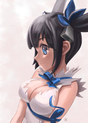 Rule 34 | 1girl, absurdres, arms at sides, black hair, blue eyes, breasts, cleavage, cleavage cutout, clothing cutout, conejologia, dungeon ni deai wo motomeru no wa machigatteiru darou ka, eyebrows hidden by hair, from side, hestia (danmachi), highres, long hair, simple background, smile, solo