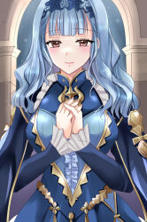 Rule 34 | 1girl, arch, blue dress, blue hair, breasts, brown eyes, closed mouth, commentary request, dress, eyelashes, fire emblem, fire emblem: three houses, fire emblem warriors: three hopes, gold trim, highres, kirishima riona, long hair, looking at viewer, marianne von edmund, nintendo, official alternate costume, official alternate hairstyle, pink lips, smile, solo, wavy hair