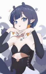 Rule 34 | 1girl, absurdres, arm warmers, armpits, bare shoulders, black hair, blue nails, earrings, flat chest, highres, hololive, hololive english, jewelry, low wings, multiple earrings, nail polish, necklace, ninomae ina&#039;nis, ninomae ina&#039;nis (1st costume), pointy ears, ring, short hair, simuyutou, solo, takodachi (ninomae ina&#039;nis), tentacle hair, upper body, virtual youtuber, wings