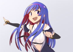 Rule 34 | 1girl, american flag, ayakaze, black necktie, blue eyes, blue hair, breasts, gloves, jacket, kantai collection, long hair, multicolored hair, necktie, neckwear request, outstretched arm, pointing, red hair, simple background, solo, south dakota (kancolle), white background, white hair