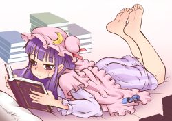 Rule 34 | 1girl, barefoot, blush, book, commentary request, crescent, dress, feet, feet together, female focus, hat, iromeki overdrive, long hair, lying, on stomach, patchouli knowledge, purple eyes, purple hair, soles, solo, the pose, toes, touhou