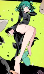 Rule 34 | 1girl, bare legs, black dress, breasts, closed mouth, commentary, curly hair, dress, expressionless, floating, floating rock, full body, green background, green eyes, green footwear, green hair, hand in own hair, highres, idkuroi, legs, long sleeves, looking at viewer, medium breasts, medium hair, nail polish, one-punch man, pelvic curtain, rock, simple background, slippers, unworn slippers, solo, tatsumaki, telepathy, thighs, toenail polish, toenails