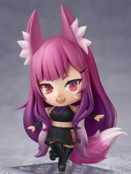 Rule 34 | 1girl, absurdres, animal ears, black footwear, black skirt, black thighhighs, chibi, commission, facial mark, fangs, faux figurine, fox ears, fox girl, fox tail, full body, gradient hair, highres, jewelry, long hair, multicolored hair, nail polish, necklace, nendoroid, original, pink hair, pleated skirt, purple hair, red nails, second-party source, shiori2525, skirt, slit pupils, solo, tail, teeth, thighhighs, upper teeth only, very long hair