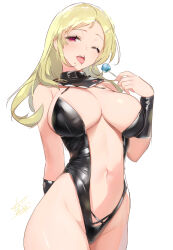 Rule 34 | 1girl, blonde hair, blush, breasts, candy, cleavage, detached sleeves, food, highres, holding, holding candy, holding food, holding lollipop, large breasts, leotard, lollipop, long hair, looking at viewer, mole, mole under mouth, navel, one eye closed, open mouth, parted bangs, red eyes, senran kagura, shiki (senran kagura), signature, solo, strapless, strapless leotard, thighs, white background, yaegashi nan