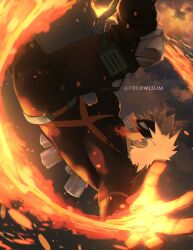 Rule 34 | 1boy, artist name, bakugou katsuki, belt, black mask, black pants, blonde hair, bloom, boku no hero academia, boots, buckle, chromatic aberration, commentary, cylinder, embers, english commentary, eye mask, falling, feet out of frame, film grain, fire, foreshortening, from side, gloves, green gloves, grin, hands up, headgear, high collar, highres, knee boots, knee pads, leaning forward, light, looking ahead, male focus, midair, orange gloves, outstretched arms, pants, profile, red eyes, sanpaku, short hair, single horizontal stripe, smile, smoke, snap-fit buckle, solo, spiked hair, spread arms, trubwlsum, two-tone gloves, upside-down, wrist guards