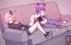 Rule 34 | 2girls, ahoge, animal ears, ankle socks, barefoot, belt, black choker, blue pants, blush, boots, unworn boots, cellphone, character request, choker, commentary, copyright request, couch, crop top, denim, denim shorts, drooling, english commentary, feet, foot focus, foot worship, heart, highres, holding foot, jeans, k-rha&#039;s, legs, licking foot, long hair, lying, mouth drool, multiple girls, nail polish, navel, on back, on couch, orange eyes, pants, phone, pink hair, purple hair, shirt, unworn shoe, shoes, unworn shoes, short hair, shorts, sleep molestation, sleeping, smartphone, smelling foot, sneakers, socks, unworn socks, sweat, t-shirt, tank top, toenail polish, toenails, torn clothes, torn jeans, torn pants, violett (k-rha), yuri, zzz