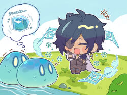 Rule 34 | +++, 1boy, :d, ^ ^, antenna hair, black footwear, black gloves, black pants, blue hair, blue sky, blush, blush stickers, boots, bush, cape, chibi, cleavage cutout, closed eyes, clothing cutout, cloud, collared shirt, commentary request, dark-skinned male, dark skin, day, elbow rest, eyepatch, frozen, fur-trimmed cape, fur trim, genshin impact, gloves, grass, hair over shoulder, head rest, ice, imagining, kaeya (genshin impact), knees up, koma (km mmmk), long hair, long sleeves, looking at another, male focus, multicolored hair, on grass, one eye covered, open mouth, outdoors, pants, parted bangs, ponytail, rock, scared, shirt, sidelocks, sitting, sky, slime (creature), slime (genshin impact), smile, snowflakes, solo, sparkle, sprout, streaked hair, swept bangs, thought bubble, trembling, water, white cape, white shirt