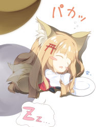 Rule 34 | 1girl, animal ears, blonde hair, blunt bangs, blush stickers, chibi, closed eyes, commentary request, da-mii, fox ears, fox tail, highres, long hair, lying, on side, open mouth, oshiro project:re, plate, senko (oshiro project), simple background, sleeping, solo, speech bubble, tail, tail wagging, torii hair ornament, triangle mouth, white background, zzz
