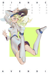 Rule 34 | 10s, 1girl, absurdres, blue eyes, boots, breasts, character name, closed mouth, diana cavendish, eur, green hair, hat, highres, holding, holding wand, knee boots, large breasts, little witch academia, long hair, long sleeves, looking at viewer, panties, solo, underwear, wand, white footwear, white hat, white panties, witch hat