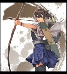 Rule 34 | 1girl, apron, blue hakama, bow (weapon), brown background, brown eyes, brown hair, commentary, flight deck, hakama, hakama short skirt, hakama skirt, holding, holding bow (weapon), holding weapon, japanese clothes, kaga (kancolle), kantai collection, letterboxed, long hair, machinery, muneate, oda non, quiver, short sidetail, side ponytail, skirt, solo, tasuki, thighhighs, tsurime, weapon, white background, yumi (bow)