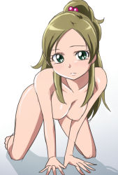 Rule 34 | 10s, 1girl, all fours, blush, breasts, brown hair, eyelashes, green eyes, hair bobbles, hair ornament, long hair, minamino kanade, nipples, nude, oimanji, ponytail, precure, solo, suite precure