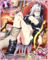 Rule 34 | 10s, 1girl, ankle boots, antenna hair, aqua eyes, blue eyes, boots, breasts, card (medium), character name, chess piece, cleavage, cleavage cutout, clothing cutout, covered erect nipples, crop top, cross, female focus, fishnet thighhighs, fishnets, garter straps, high heels, high school dxd, high school dxd infinity, large breasts, long hair, looking at viewer, lying, microskirt, nun, official art, panties, pink panties, rook (chess), rossweisse, silver hair, skirt, smile, solo, thick thighs, thighhighs, thighhighs pull, thighs, trading card, underwear, very long hair