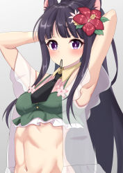 Rule 34 | 1girl, animal ear fluff, animal ears, armpits, arms behind head, bare shoulders, bikini, blunt bangs, blush, breasts, commentary request, extra ears, flower, green bikini, groin, hair flower, hair ornament, hair tie in mouth, highres, kasumi (princess connect!), kasumi (summer) (princess connect!), long hair, looking at viewer, midriff, mouth hold, nanao (naoekaki25), navel, official alternate costume, princess connect!, purple eyes, purple hair, see-through, sidelocks, simple background, small breasts, solo, standing, swimsuit, tankini, tying hair, upper body, very long hair, white background
