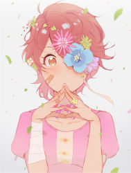 Rule 34 | 1girl, bandages, bandaid, bandaid on face, bandaid on hand, blouse, blush, bow, bowtie, brown eyes, ekao, flower, grey background, hair flower, hair ornament, looking at viewer, one eye covered, pink shirt, red hair, shirt, short hair, short sleeves, solo, steepled fingers, swept bangs, tokyo 7th sisters, upper body, yamai sawori