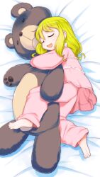 Rule 34 | 1girl, :d, barefoot, bed sheet, blonde hair, character request, closed eyes, commentary request, copyright request, highres, holding, holding stuffed toy, long sleeves, lying, medium hair, on side, open mouth, pajamas, pink pajamas, sleeping, smile, solo, stuffed animal, stuffed toy, teddy bear, teruki kuma, toes