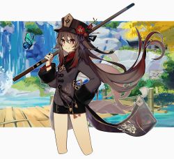 Rule 34 | 1girl, absurdres, black shorts, bridge, brown coat, brown hair, brown hat, coat, coattails, cropped legs, fishing rod, flower, flower-shaped pupils, genshin impact, hand on own hip, hat, hat flower, highres, holding, holding fishing rod, hu tao (genshin impact), hut, in-universe location, lake, long hair, merry-san, plum blossoms, red eyes, red flower, red shirt, shirt, shorts, smile, solo, stone, symbol-shaped pupils, tassel, tree, twintails, very long hair, water, waterfall