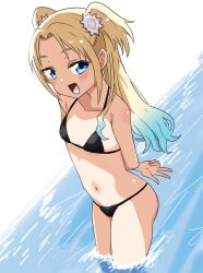 Rule 34 | 1girl, :d, absurdres, arms behind back, ass, bikini, black bikini, blonde hair, blue eyes, blue hair, blush, check commentary, collarbone, commentary request, dutch angle, fang, flat chest, flower, gradient hair, hair flower, hair ornament, highres, kanzaki gou, light blue hair, link! like! love live!, long hair, looking at viewer, love live!, micro bikini, multicolored hair, navel, open mouth, osawa rurino, parted bangs, pink flower, skin fang, smile, solo, standing, stomach, swimsuit, twintails, virtual youtuber, w, wading, white flower