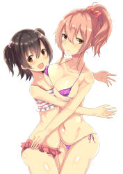 Rule 34 | 2girls, :d, asymmetrical docking, bad id, bad pixiv id, bare arms, bare shoulders, bikini, black hair, blush, bow, breast press, breasts, brown eyes, character request, closed mouth, collarbone, commentary request, covered erect nipples, cowboy shot, diagonal-striped bow, eyebrows hidden by hair, frilled tankini, from side, furrowed brow, hair between eyes, hair bow, highres, idolmaster, idolmaster cinderella girls, large breasts, looking at viewer, lowleg tankini, micro bikini, multiple girls, nape, navel, open mouth, owafu, pink hair, purple bikini, short hair, side-tie bikini bottom, smile, string bikini, swimsuit, tankini, twisted torso, unaligned breasts, yellow eyes