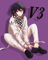 Rule 34 | 1boy, black footwear, black hair, buttons, checkered clothes, checkered neckwear, checkered scarf, commentary request, danganronpa (series), danganronpa v3: killing harmony, double-breasted, full body, grin, hair between eyes, highres, jacket, knees up, long sleeves, looking at viewer, male focus, oma kokichi, pants, poihull, purple background, purple eyes, purple hair, scarf, shoes, simple background, sitting, smile, solo, straitjacket, teeth, white jacket