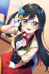 Rule 34 | 1girl, adjusting eyewear, afterschool school idol (love live!), beige jacket, black eyes, black vest, blue flower, blue rose, blurry, blurry background, bow, bowtie, buttons, chair, colored inner hair, cowboy shot, cropped jacket, feather hair ornament, feathers, flower, frilled shirt, frills, glasses, gloves, gold trim, grey-framed eyewear, grey eyes, hair flower, hair ornament, hand on lap, light blush, long hair, looking at viewer, love live!, love live! nijigasaki high school idol club, multicolored hair, nakagawa nana, one side up, open mouth, red bow, red bowtie, red skirt, rose, shirt, sitting, skirt, smile, solo, totoki86, underbust, vest, white feathers, white gloves, white shirt, yellow flower, yellow rose, yuki setsuna (love live!)