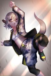 Rule 34 | 1girl, absurdres, akuma (st.takuma), animal ear fluff, animal ears, arm up, black-framed eyewear, breasts, brown eyes, commentary, glasses, hair between eyes, highres, jacket, kemono friends, kemono friends 3, knee up, leggings, meerkat (kemono friends), meerkat ears, meerkat tail, midriff, open clothes, open jacket, open mouth, shoes, short hair, shorts, small breasts, solo, v-shaped eyebrows, white hair