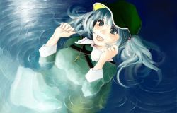 Rule 34 | 1girl, afloat, bad id, bad pixiv id, blue eyes, blue hair, duplicate, female focus, goldregen, hat, jewelry, kawashiro nitori, key, matching hair/eyes, necklace, painting (medium), ripples, smile, solo, swimming, touhou, traditional media, twintails, two side up, water