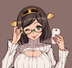 Rule 34 | 10s, 1girl, ;p, adjusting eyewear, blue eyes, bob cut, breasts, brown background, brown hair, cellphone, cleavage, cleavage cutout, clothing cutout, glasses, green-framed eyewear, hairband, headgear, kantai collection, kirishima (kancolle), kugi ta hori taira, large breasts, long sleeves, looking at viewer, meme attire, one eye closed, open-chest sweater, phone, ribbed sweater, semi-rimless eyewear, short hair, simple background, smartphone, smile, solo, sweater, swept bangs, tongue, tongue out, turtleneck, turtleneck sweater, under-rim eyewear, upper body