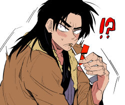 Rule 34 | !?, 1boy, bags under eyes, black eyes, black hair, blush, bomber jacket, brown jacket, cigarette, cigarette pack, closed mouth, commentary request, constricted pupils, frown, holding, holding cigarette pack, inudori, itou kaiji, jacket, kaiji, long hair, looking at viewer, male focus, medium bangs, parted bangs, scar, scar on hand, simple background, solo, upper body, white background