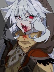 Rule 34 | 1boy, bishounen, blood, bone necklace, fang, genshin impact, grey hair, highres, hood, hoodie, jewelry, long hair, male focus, necklace, open mouth, razor (genshin impact), red eyes, scar, scar on face, slit pupils, solo, upper body, user rcmr8424