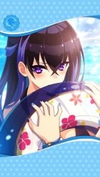 Rule 34 | 1girl, artist request, black hair, black one-piece swimsuit, blue nails, blush, bracelet, forcas, framed image, holding, holding swim ring, innertube, jewelry, multicolored hair, nail polish, official art, one-piece swimsuit, phantom of the kill, purple eyes, swim ring, swimsuit, two-tone hair, water