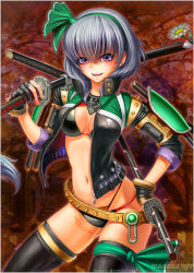 Rule 34 | 1girl, alternate costume, armor, bad id, bad pixiv id, breasts, cleavage, contrapposto, earrings, english text, fangs, hair ribbon, hairband, hand on own hip, highres, jacket, jewelry, katana, konpaku youmu, maco (macoillust), navel, navel piercing, open mouth, piercing, revision, ribbon, short hair, solo, standing, sword, touhou, weapon