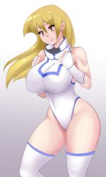 Rule 34 | 1girl, absurdres, bare shoulders, blonde hair, blush, breasts, brown eyes, covered navel, eyeliner, female focus, fingerless gloves, gloves, highres, konami, large breasts, leotard, lips, makeup, pink lips, shiny clothes, shiny skin, smile, solo, tenjouin asuka, thick thighs, thighhighs, thighs, vieraise, white background, white gloves, white leotard, white thighhighs, yu-gi-oh!, yu-gi-oh! gx
