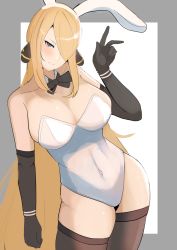 Rule 34 | 1girl, alternate costume, animal ears, black gloves, black thighhighs, blonde hair, breasts, cleavage, closed mouth, covered navel, creatures (company), cynthia (pokemon), elbow gloves, fake animal ears, game freak, gloves, grey eyes, hair ornament, hair over one eye, highres, large breasts, leaning to the side, leotard, long hair, looking at viewer, nintendo, playboy bunny, pokemon, pokemon dppt, rabbit ears, simple background, smile, solo, tatsu (user rjes8545), thighhighs, v, white leotard